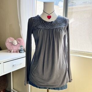 Y2K chic grey long sleeve blouse with sparkly sequin neckline